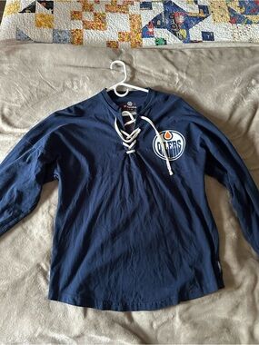 Fanatics Navy Edmonton Oilers Lace-Up Long Sleeve Top